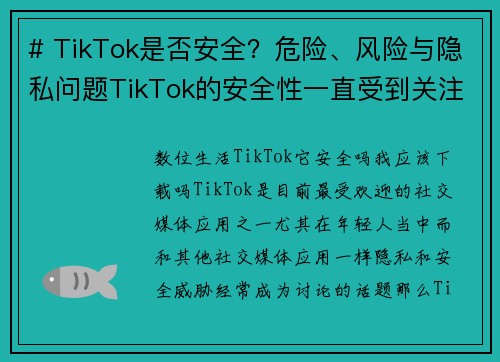 # TikTok是否安全？危险、风险与隐私问题TikTok的安全性一直受到关注。使用这款应用程式